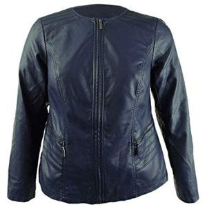 Alfani Womens Navy Faux Leather Zip Up Jacket
